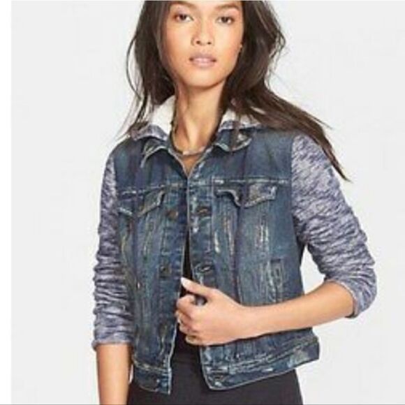 Free People Distresssed Denim Jacket. Dark Blue Wash XS#26 - Picture 1 of 15